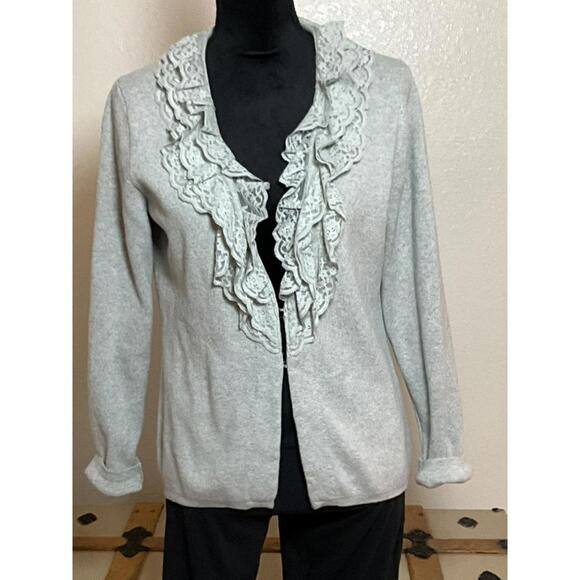 Liz Claiborne Sweaters - Liz Claiborne Ruffled Button Up Cardigan Sweater M Gray Romantic Boho Knit
